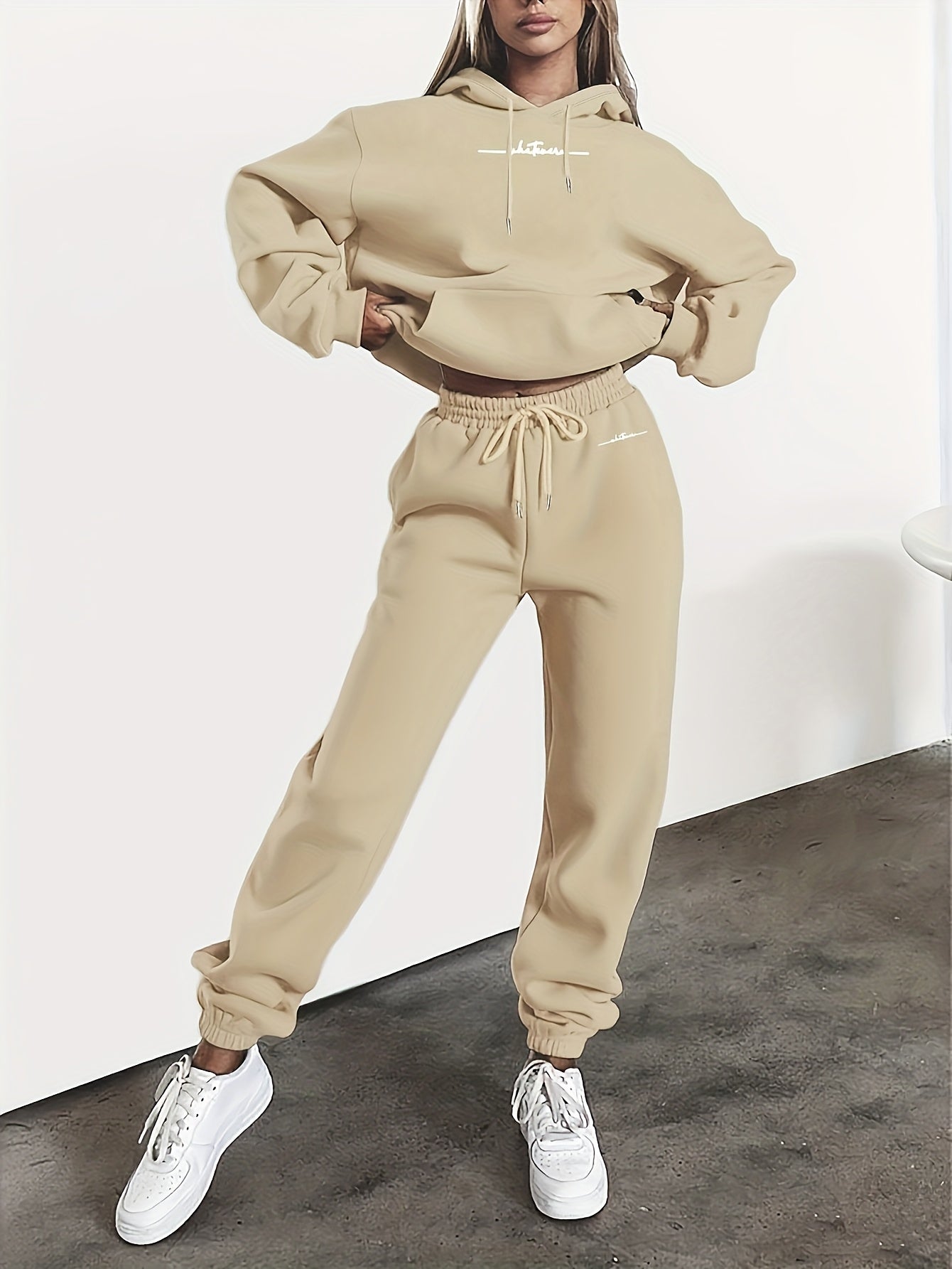 New Arrival Gray Print Women's Hooded Drawstring Sweatshirt and Pants Set, Autumn/Winter Warm Long-Sleeve Pullover with Hat, Machine-Washable Polyester, Versatile Outfit