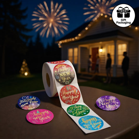 500 Stickers Per Roll, Happy New Year Round Stickers, Colorful Fireworks Design, 9 Different Patterns, 2.54 cm, Suitable for New Year Gifts, Greeting Cards, And Sealing Envelopes, Happy New Year Sticker, Christmas Gift Tag