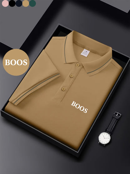 BOOS letter print, 1 premium Men's shirt, polyester fabric, regular fit, turn- collar top, summer short sleeve T-shirt, birthday gift, inner or outer wear, outdoor casual, sportswear, business casual, stylish and breathable, - ayq