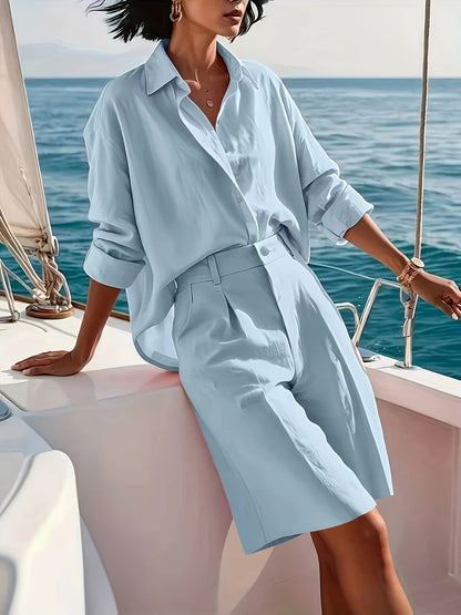 Women's Casual Polyester Button-Down Shirt & Shorts Set