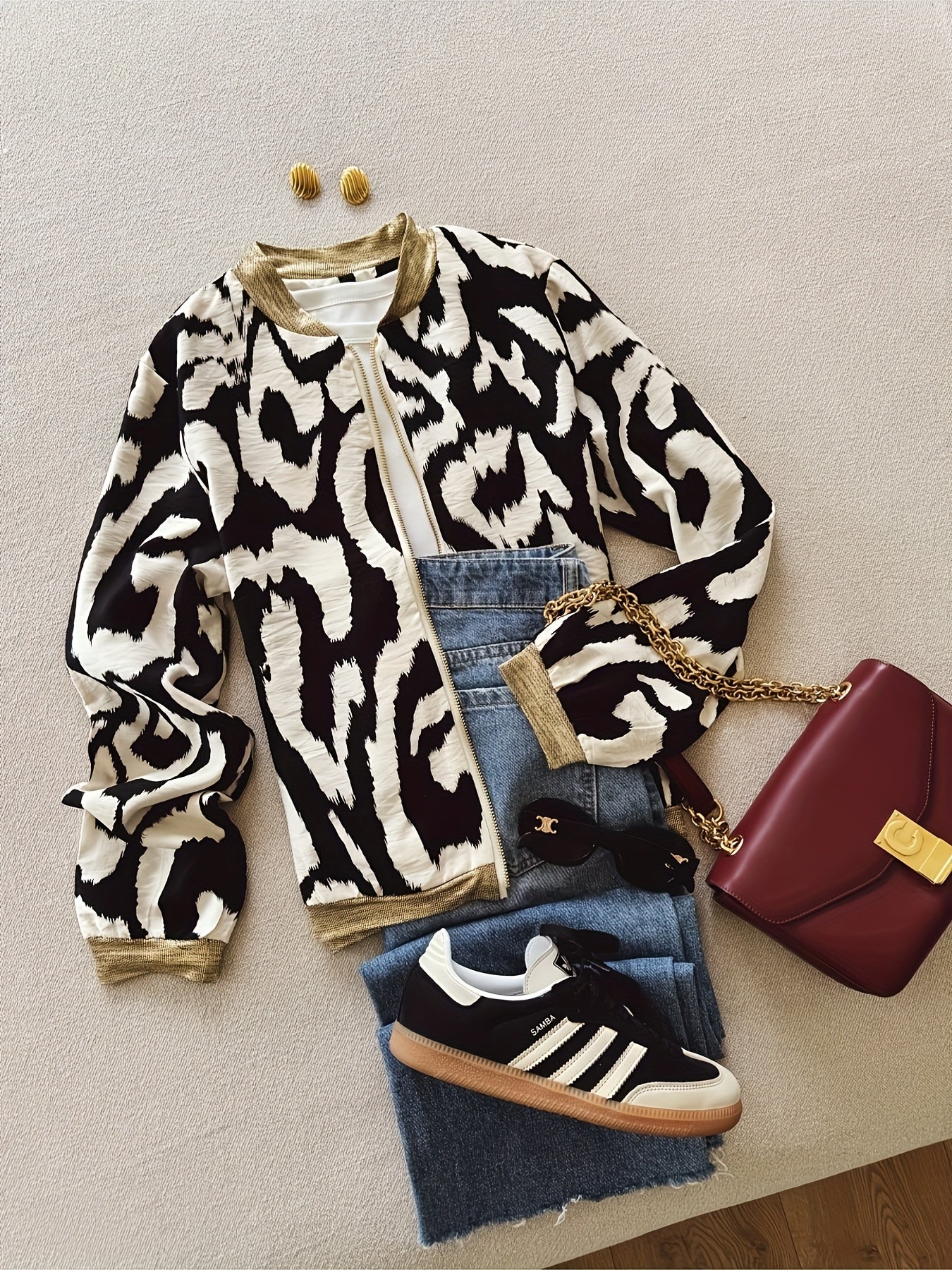 Women'S Lightweight Leopard Print Bomber Jacket - Casual Zip-Up Long Sleeve with Geometric Pattern, Black & White Design, Perfect for Spring/Fall, Spring Outerwear | Stylish Casualwear | Zippered Jacket