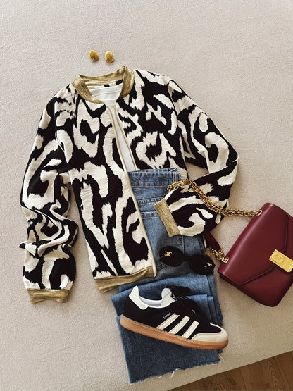 Women'S Lightweight Leopard Print Bomber Jacket - Casual Zip-Up Long Sleeve with Geometric Pattern, Black & White Design, Perfect for Spring/Fall, Spring Outerwear | Stylish Casualwear | Zippered Jacket