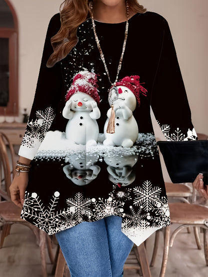 Plus Size, Plus Size Women's Elegant Snowman Print Long Sleeve T-Shirt - Asymmetrical Hem Winter Sweater-like Blouse, Stretchy Round Neck Top for Christmas Party, Casual & Semi-Formal Wear, Machine Washable (Black/White Snowf