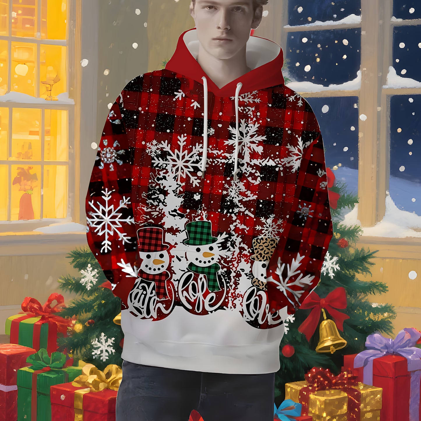 1pc Men's Christmas Plaid & Snowman Print Hooded Sweatshirt - Red & Black Checkered Winter Sweater with Hood, Machine Washable Casual Pullover for Holiday Parties, Family Gatherings & Winter Outfits - Ideal Christmas Gift for