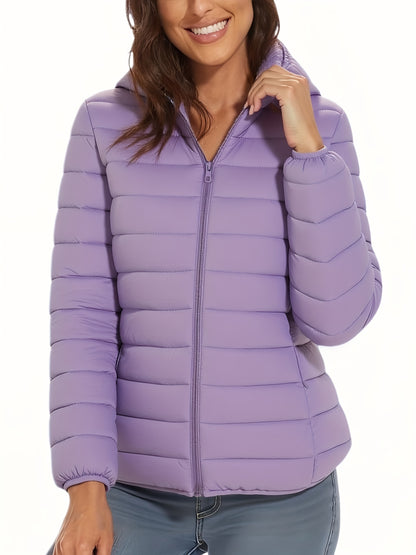 Lightweight Women's Hooded Zipper Padded Coat with Retractable Cuffs
