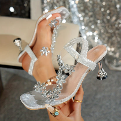 Elegant Women's Golden Flower Stiletto Sandals with Ankle Strap