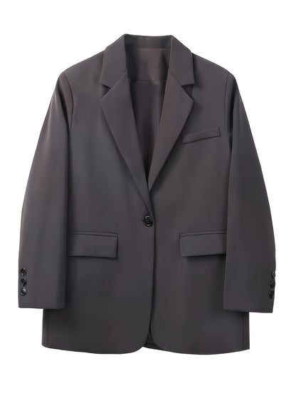 Women'S Chic Casual Blazer - Polyester, Solid Color, Long Sleeve, Button Front with Pockets, Loose Fit, Spring/Fall Jacket, Casual Wear Jacket|Minimalist Jacket|Single lapel Jacke