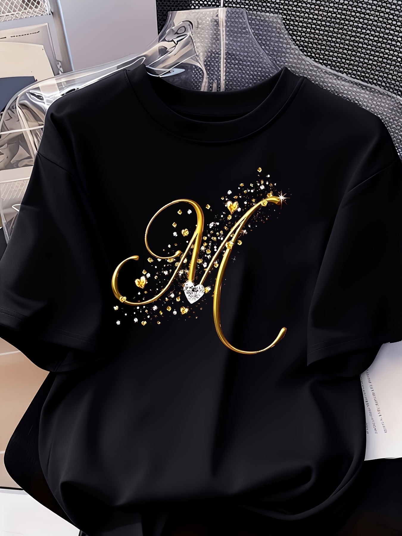 Women’s Casual Cotton Blend T-Shirt with M Letter Print, Summer