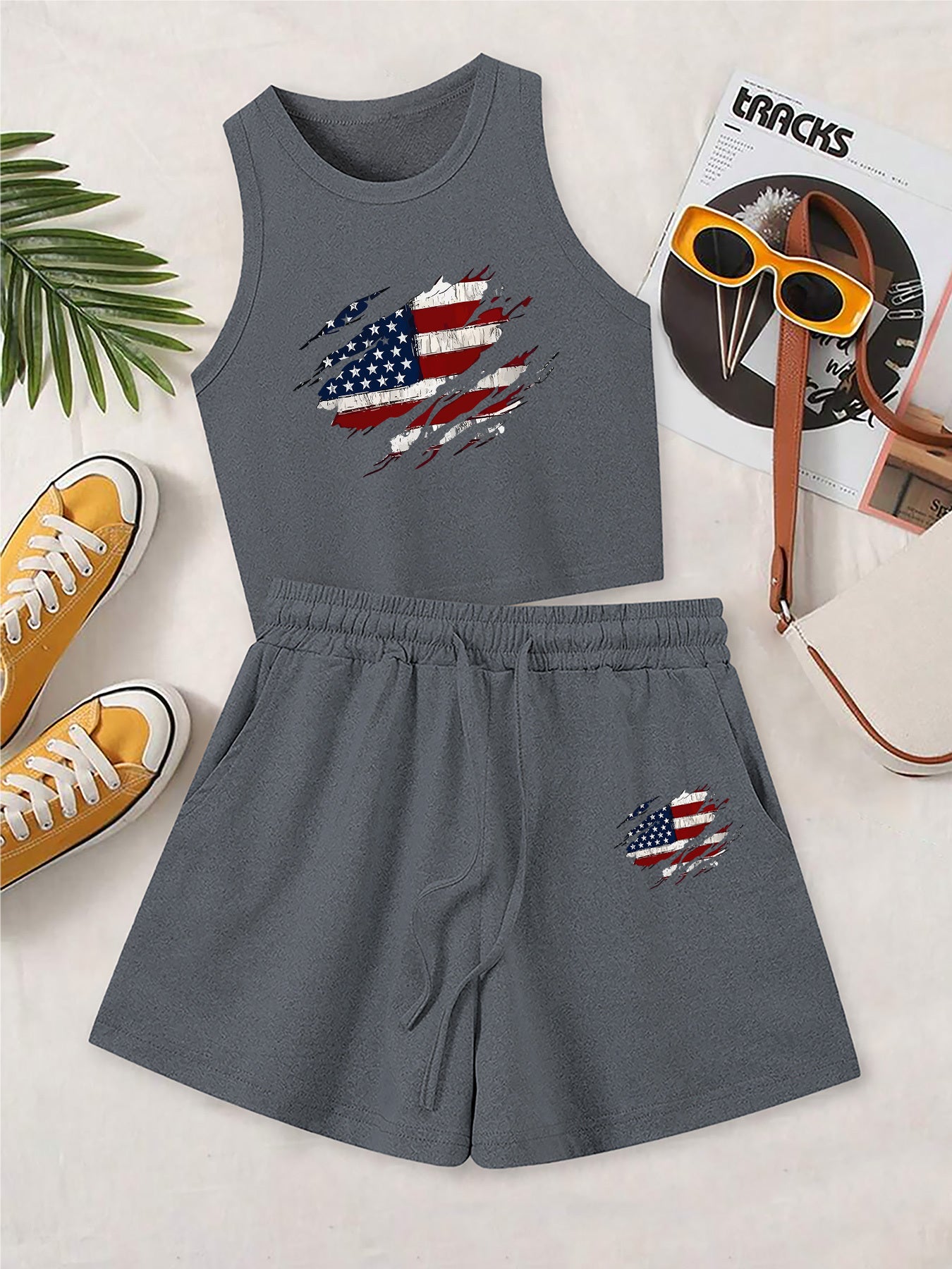 Women's Casual Two-Piece Set with English Print & Slanted Pockets