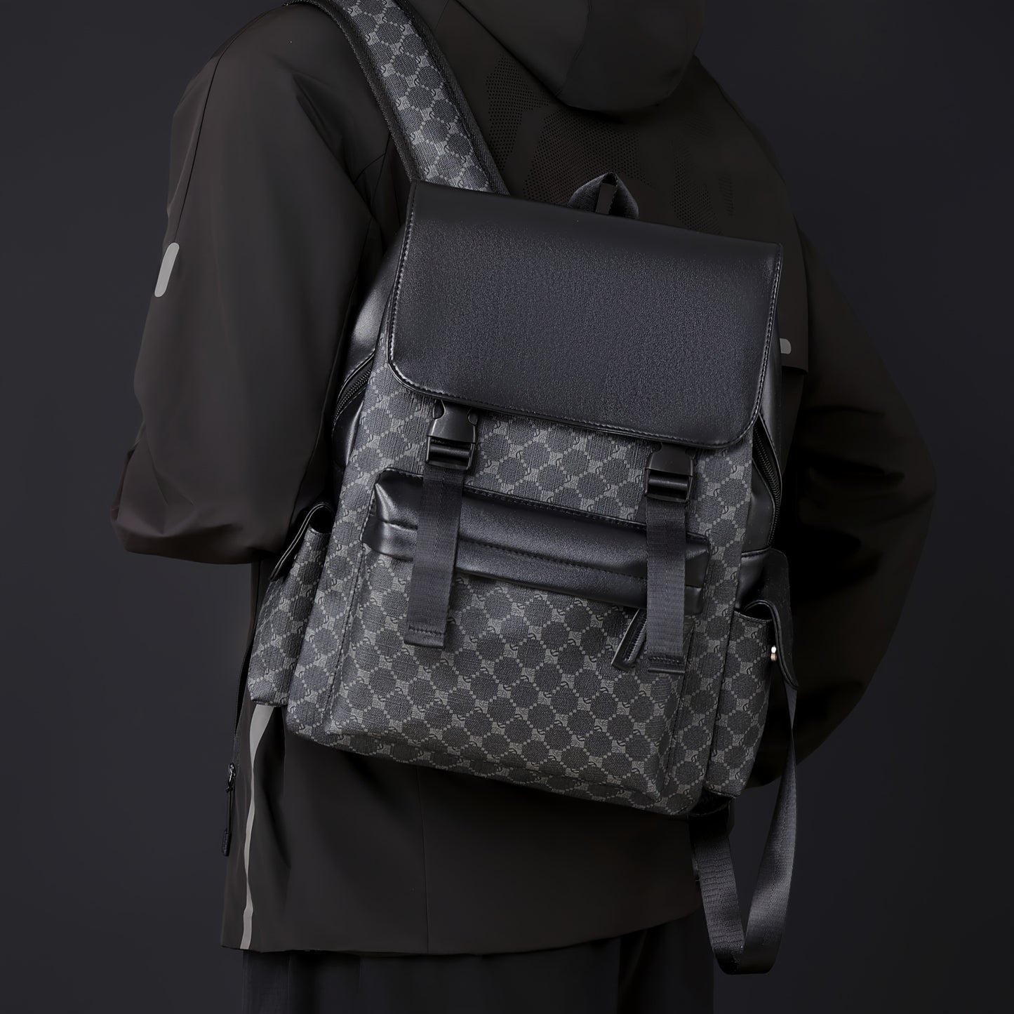 Men'S Stylish Black  Brown Gingham Print Backpack - Versatile Commuter Bag with Multiple Pockets, Adjustable Straps, and Golden-Tone Hardware for Work, Travel, and Study, Travel Backpack   Gingham Pattern   Synthetic Backpac