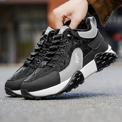 Men'S Stylish Color-Block Plush-Lined Winter Sneakers - Warm, High-Stability Running Shoes with Lace-Up Closure, Geometric & Solid Color Design, Synthetic & Fabric Upper, PVC Sole for Casual & Outdoor Activities, Winter Sneak