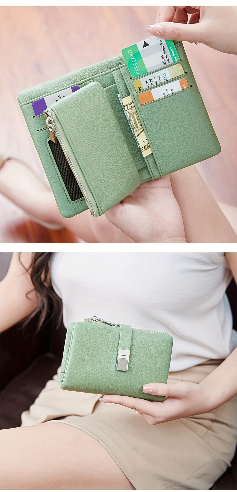 A Compact Trifold Wallet Made of Soft PU in a Solid Color, Featuring Metal Accents. It Includes a Zippered Coin Pocket, Card Slots, And an ID Window, Suitable for Credit Cards, ID Cards, Cash, And Coins. This Modern, Lightwei