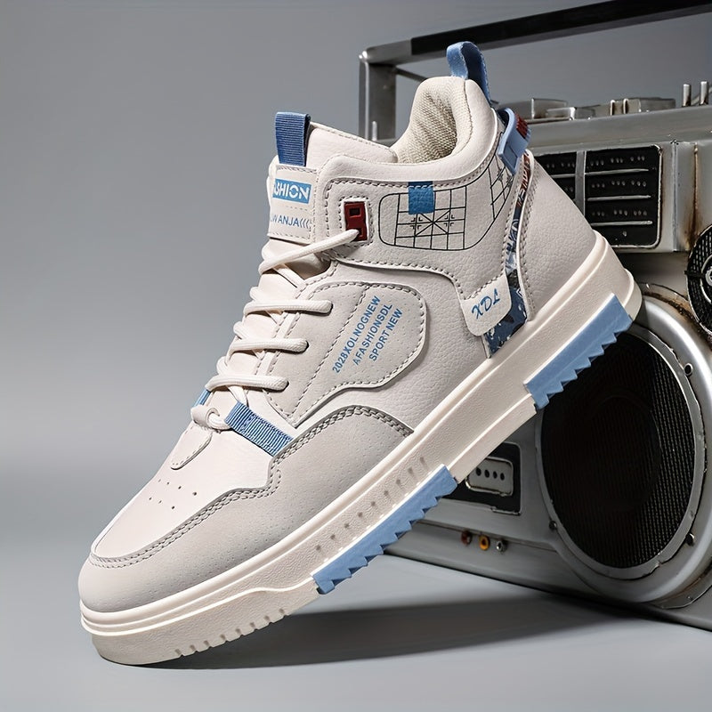 Men's Skate Shoes with Good Grip  Breathable Design - PU Upper, Cushioned PVC Sole, Black/Blue Letter Pattern Lace-Up Sneakers for All-Season Casual  Sports Wear, Allseason Shoes   Modern Casual Shoes   Comfortable Wear