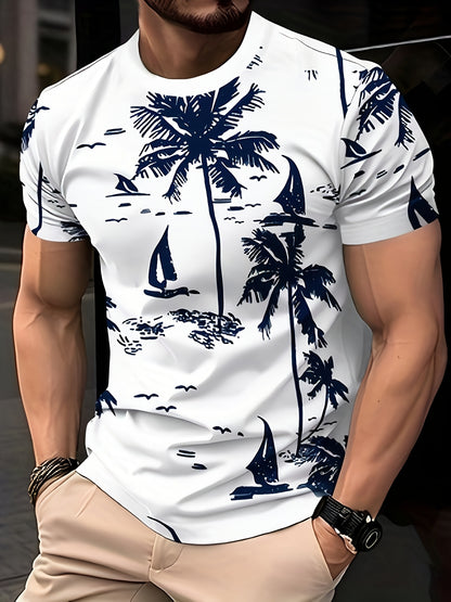 Men'S Quick-Dry Tropical Palm Tree Print T-Shirt - Breathable Round Neck Casual Tee for Summer, Outdoor  Daily Wear, Lightweight  Comfortable Fit, Outdoor Tshirt   Tropical Print Shirt   Comfortable Fit