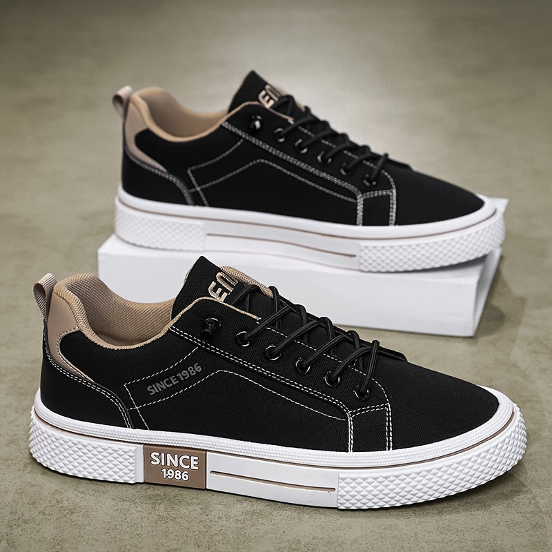 Men's Casual Low-Top Sneakers - Breathable Fabric  Durable PVC Sole, Black  Beige Contrast Design, Lace-Up Round Toe for All-Season Comfort, Versatile for Casual  Semi-Formal Wear, Comfortable Footwear, Fabric Upper