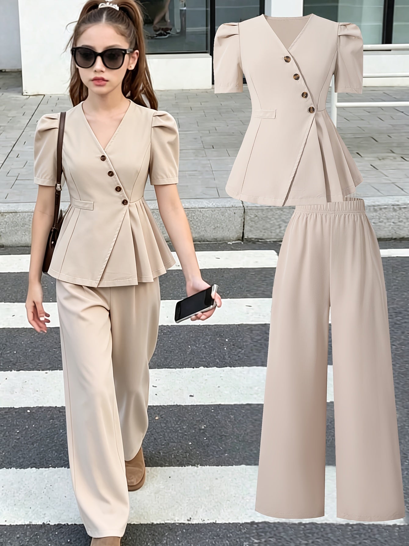 Girls' Summer Two-Piece Set V-Neck Cardigan & Wide-Leg Pants