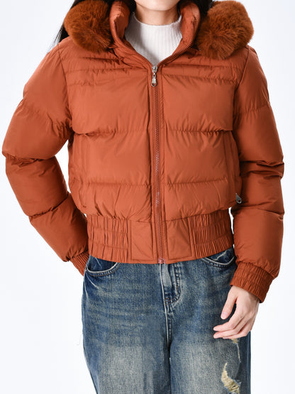 Elegant Polyester Padded Jacket for Women - 2024 Fashion Short Solid Color Coat with Thick Faux Fur Collar, Long Sleeves, Zipper Detail, Woven - Winter Warmth Casual Outerwear