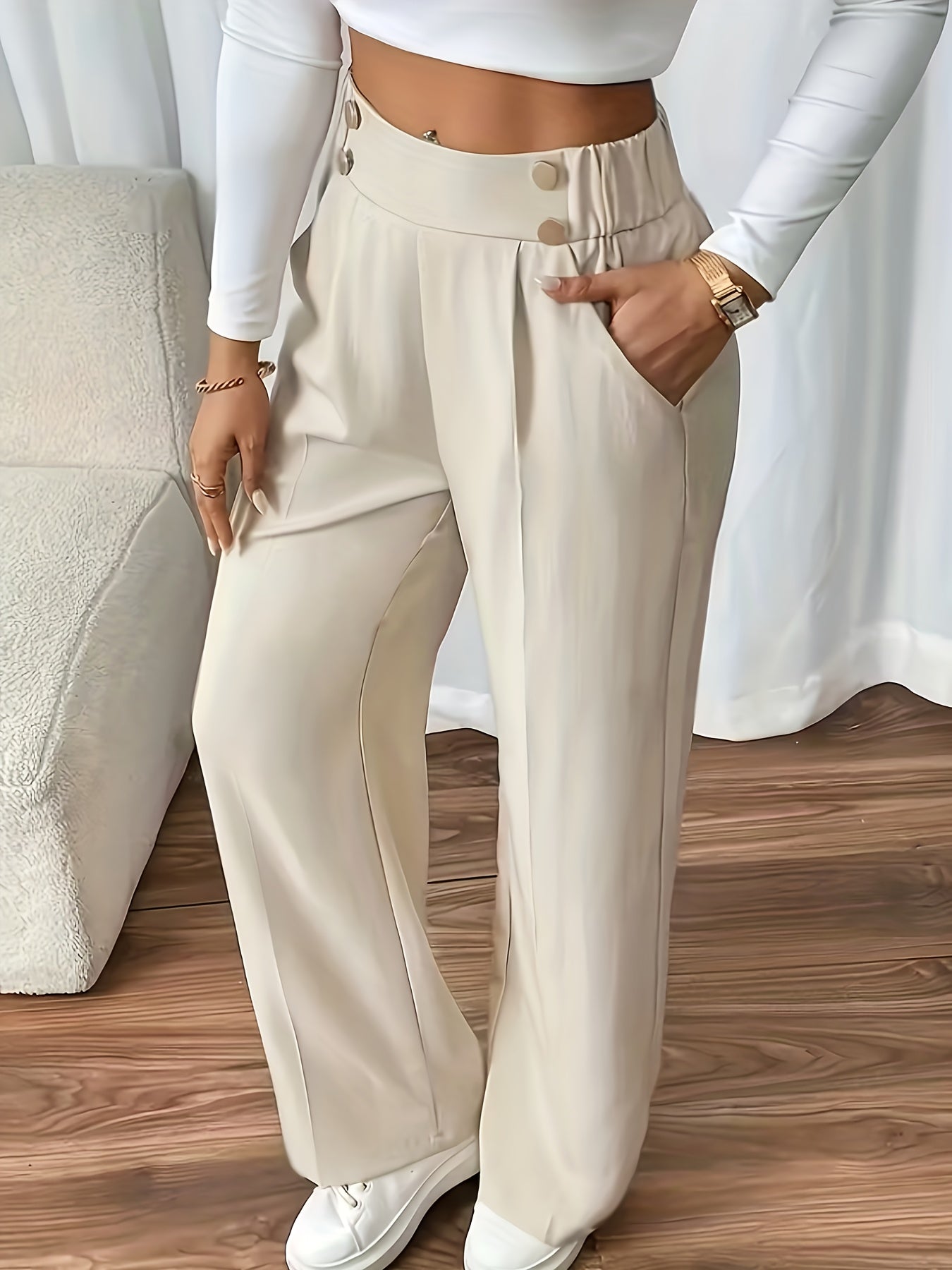 Women's Elegant Button-Waist Straight Leg Polyester Trousers