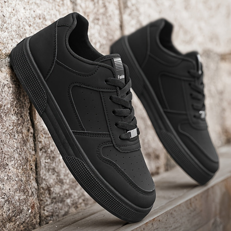 Men'S Breathable Skateboarding Shoes | Low-Top Casual sneakers, Black and White, PU Upper, Lace-up Closure, Suitable for All Seasons - ayq