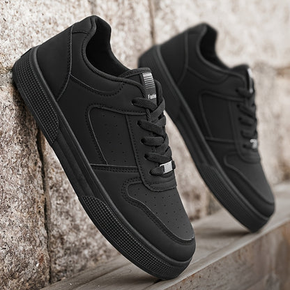 Men'S Breathable Skateboarding Shoes | Low-Top Casual sneakers, Black and White, PU Upper, Lace-up Closure, Suitable for All Seasons - ayq