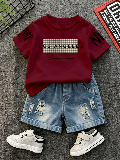 Summer Boys Los Angeles Print T-Shirt & Distressed Shorts Set