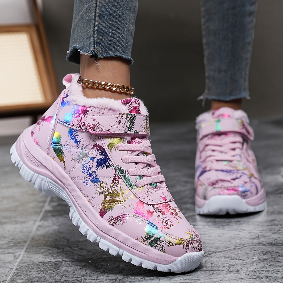 1 Pair Women'S Winter Warm Snow Boots, Fleece-Lined High-Top Outdoor Shoes, Round Toe, Patterned Print, EVA & MD Sole, Fabric Insole - Fashionable Ladies' Footwear