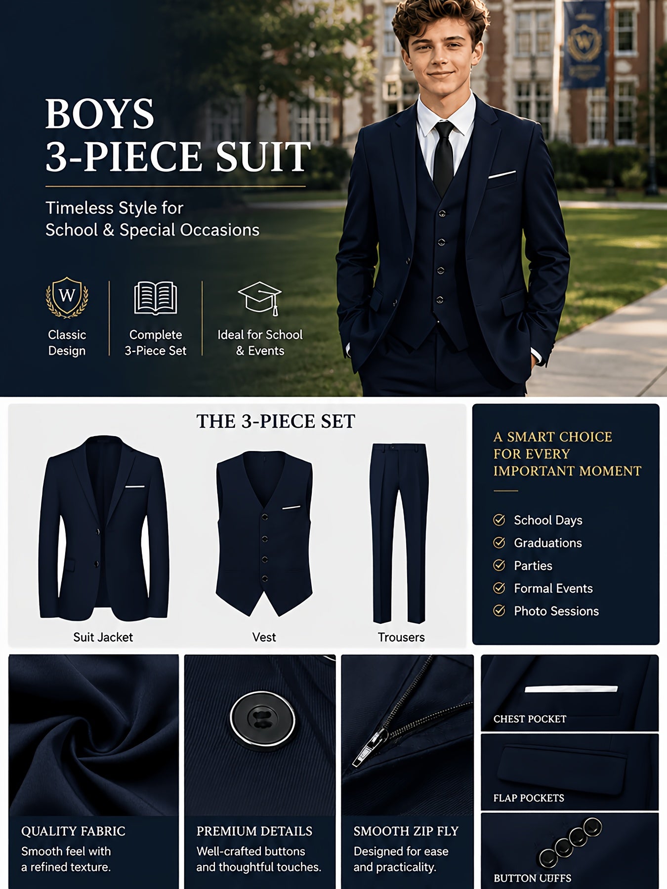 3-Piece Boys' Formal Suit Set with Vest and Straight-Leg Pants