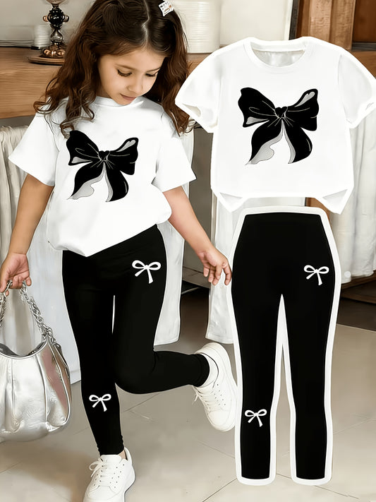 Girls Black Bow Print Top & Leggings Set, Summer Casual