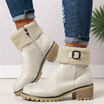 Chunky And Clssic Women'S Ankle Boots, Comfortable And Elegent Woemen Shoes. Warmth Khaki、Black And Beige Winter Women' Boots. Solid-Colored. Fleece-Lined Boots, Heighten And Non-Slip Lighhtweight Shoes with Cute Round Toe.
