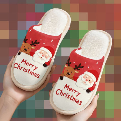 Santa Claus & Reindeer "Merry Christmas" Women's & Men's Home Slippers, Christmas Gift, Couple's Indoor Slippers, Super Comfortable Printed Slippers for Autumn & Winter,  Cozy Homewear, Christmas Design, Festive Print, Comfor
