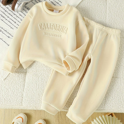 Tween Girls' Autumn/Winter Letter Embossed Warm Lined Sweatshirt and Joggers, Perfect for Outdoor