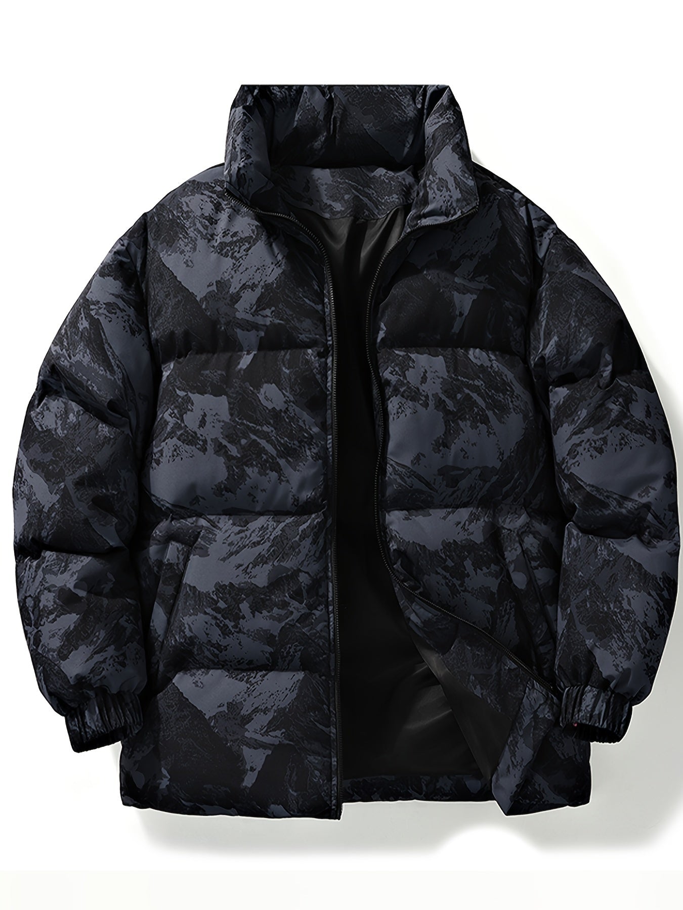 Men's Winter Mountain Camo Hooded Jacket with Insulating Polyester Fill - Stand Collar & Zippered Pockets, Machine Washable Outdoor Coat for Hiking, Camping, Casual Wear - White/Black/Gray (Regular Fit) by Ocean Muai Xing