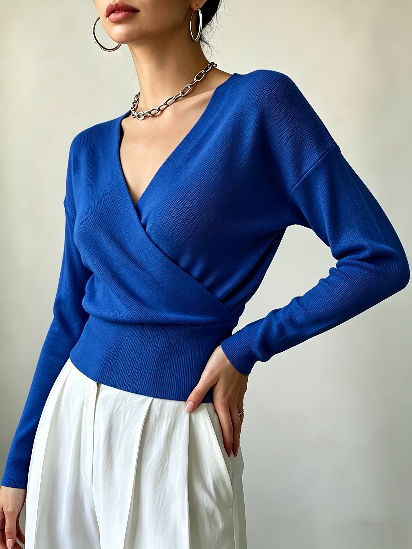 Women's Elegant Cross-Collar V-Neck Pullover Knitwear for Fall/Winter