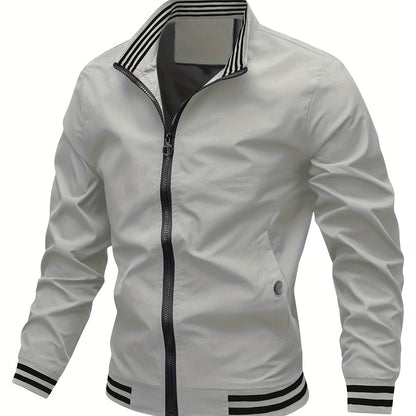Men's Stand Collar Long Sleeve Zip Up Sports Jacket With Contrast Trim Design, Men's Spring Fall Outwear, As Gifts