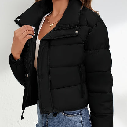 Women'S Lightweight Winter Jacket - Elegant Black Quilted Coat with Stand Collar, Long Sleeves, and Button Front, Perfect for Cold Weather, Stylish Outerwear, Sleek Fabric Design