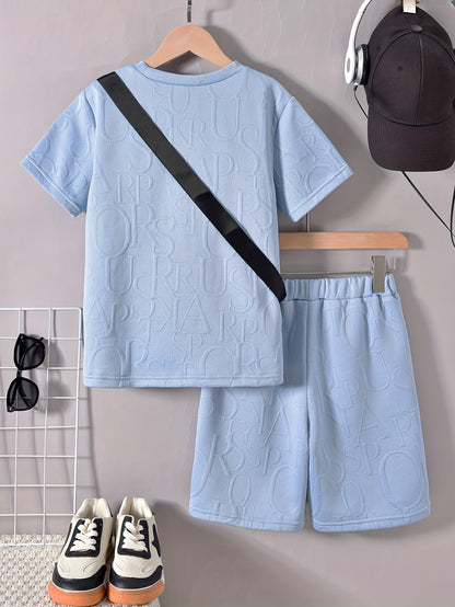 Boys' Stylish White Short Sleeve T-Shirt + Casual Shorts + Fashion Crossbody Bag Set, Perfect for Outdoor