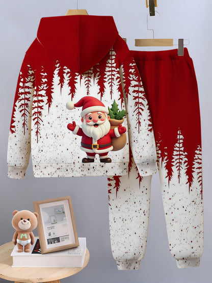 Boys' & Girls' 3D Hooded Sweatshirt & Pants Set - Santa Claus & Snowman Print, Loose Fit Long Sleeve Pullover with Pockets, Red & Winter Outfit for 4-14 Years, for Outdoor, Christmas, Halloween, Thanksgiving, New Year's, Wint