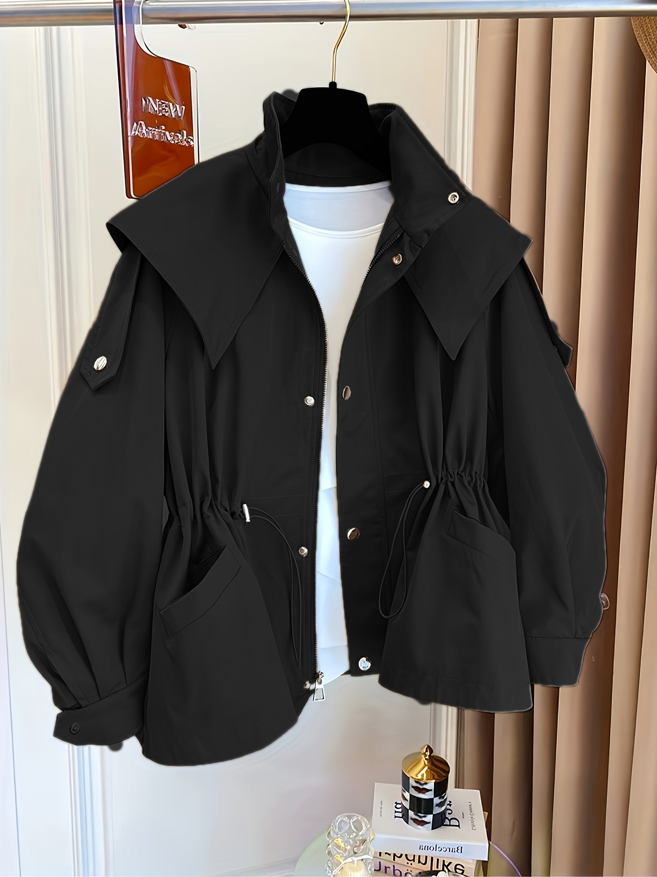 Women'S Casual Solid Color Polyester Overcoat with Drawstring Waist, Lapel Collar, and Chest Pockets - Spring and Fall Fashion, Comfortable, Non-Stretch Fabric, Casual Outerwear | Classic Long Sleeve | Nonstretch Materia