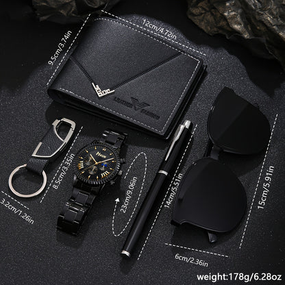 5pcs Men'S Business Sports Watch, Wallet, Glasses, Pen and Keychain Set in a Gift Box Suitable for Father'S Day, Anniversaries, or Birthdays