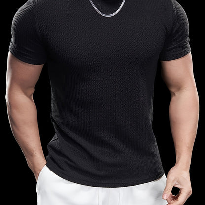 Men's Slim Fit Stretch Crew Neck Short Sleeve T-Shirt - Solid Color Black, Summer Casual  Sporty Tee for Casual Attire