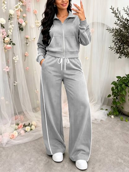 Women's Casual Two-Piece Set with Embroidered Jacket & Wide-Leg Trouse - ayq