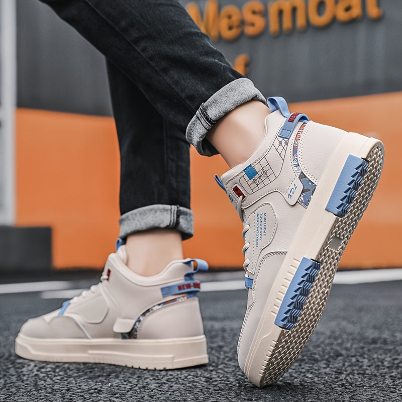 Men's Skate Shoes with Good Grip  Breathable Design - PU Upper, Cushioned PVC Sole, Black/Blue Letter Pattern Lace-Up Sneakers for All-Season Casual  Sports Wear, Allseason Shoes   Modern Casual Shoes   Comfortable Wear