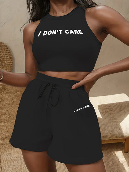 Women's Casual Vest and Shorts Set with Drawstring Pockets