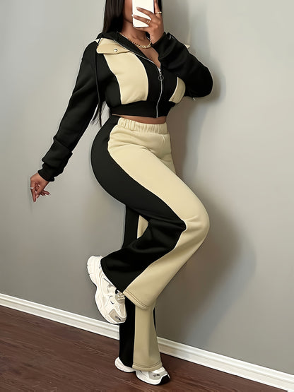 Women’s Color Block Hooded Sweatshirt and Pants Set for Fall-Winter - ayq