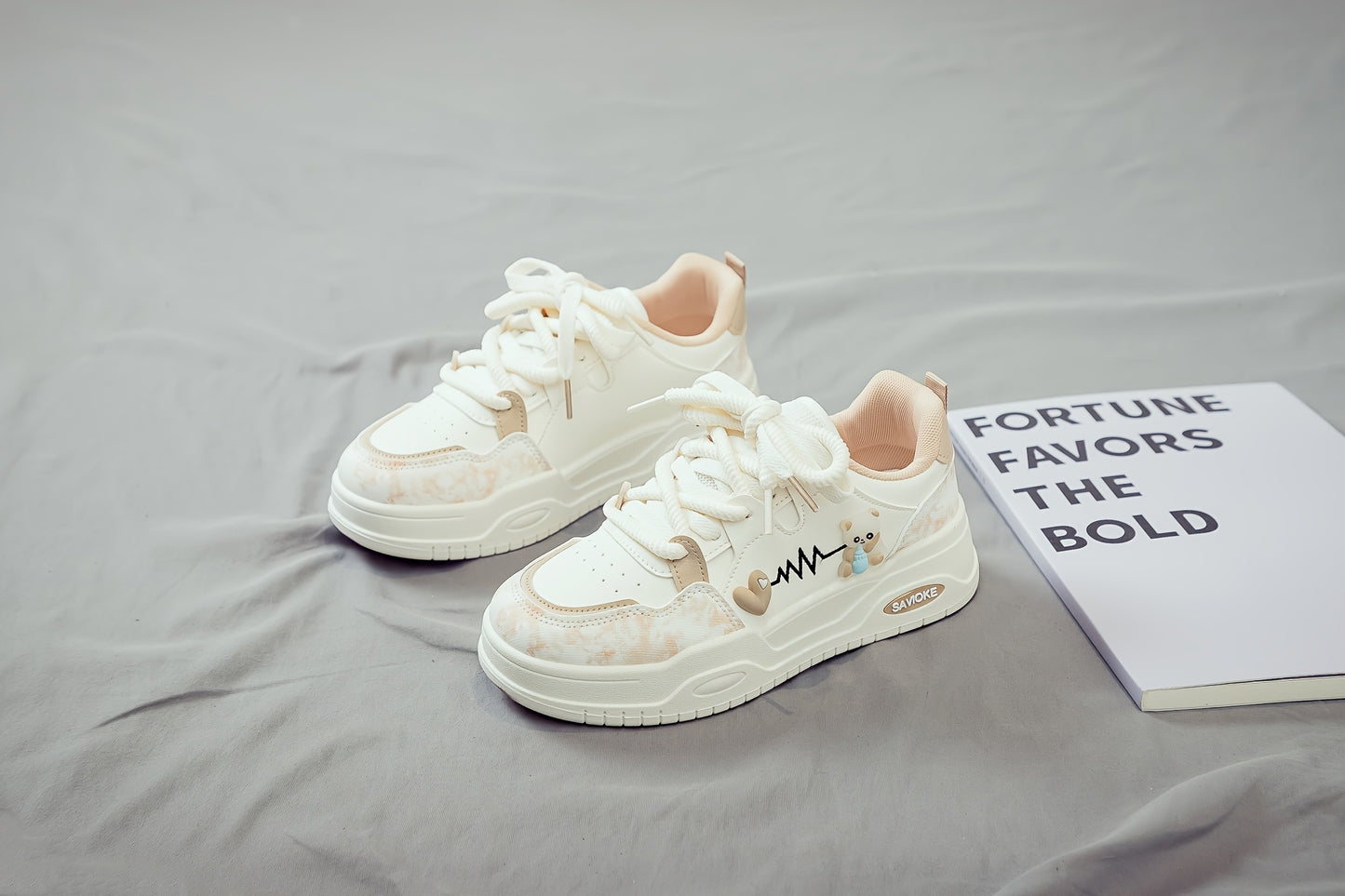 Women's White Mid-Top Sneakers with Bear  Heart Stripes Design - PU Cover  Upper, Thick Cushioned PVC Sole - Trendy Casual Shoes for All-Season Comfort