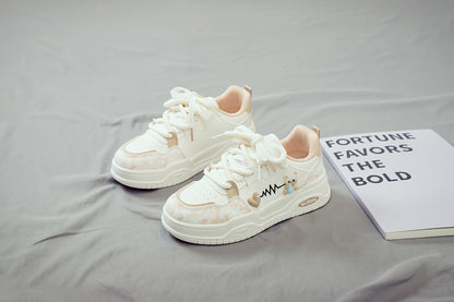 Women's White Mid-Top Sneakers with Bear  Heart Stripes Design - PU Cover  Upper, Thick Cushioned PVC Sole - Trendy Casual Shoes for All-Season Comfort