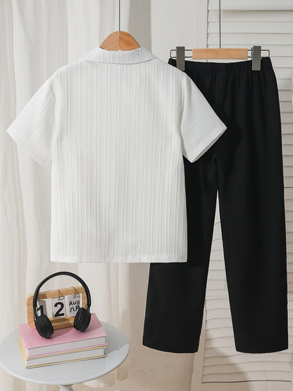 Boys' Summer Casual Button-Up Shirt & Elastic Waist Pants Set