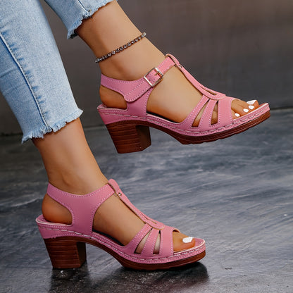 Women'S Fashion Open-Toe Strappy Sandals with Adjustable Ankle Strap, Mid-Heel, Solid Color, Faux Cover Upper  TPU Sole - Elegant Footwear for Casual Wear, Strappy Sandals