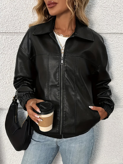 Graceful Special Edition Women's Solid Color Zip-Up PU Casual Long Sleeve Jacket