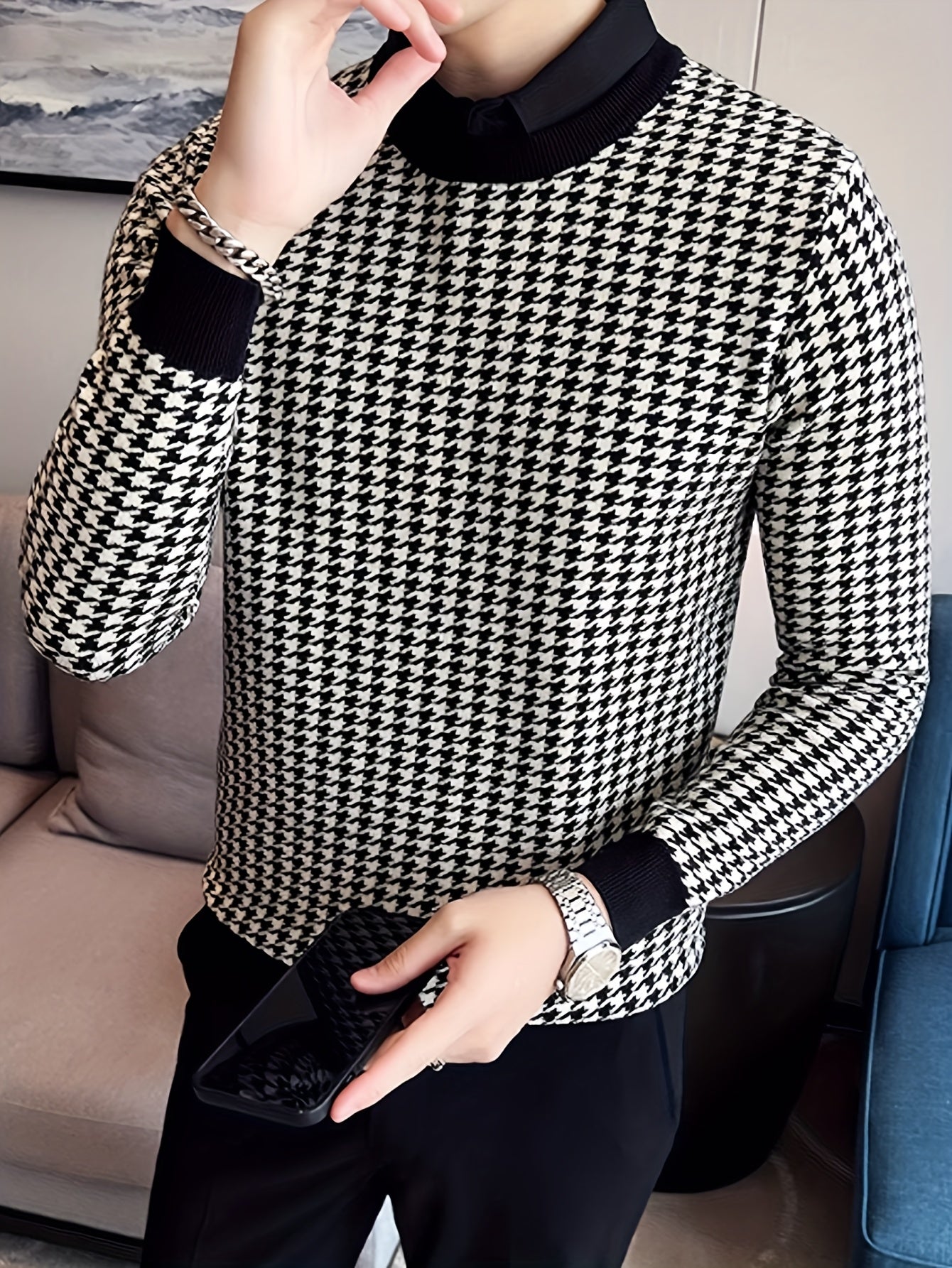 New Men'S Houndstooth Color-Blocked Sweater, Casual Pullover with Round Neck And Long Sleeves, Knit